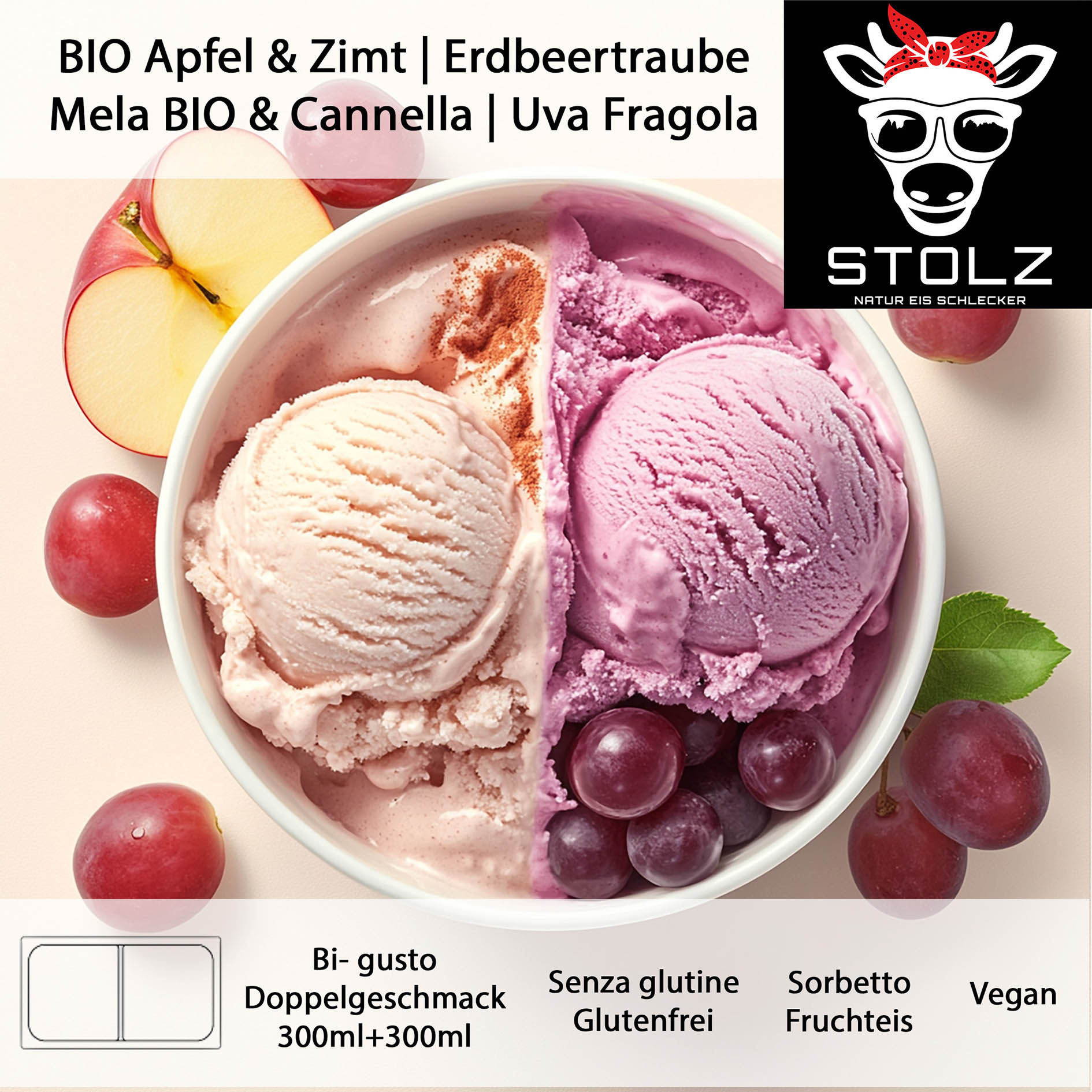 STOLZ EIS 600ml APFEL ZIMT UND ERDBEERTRAUBE GEFR.